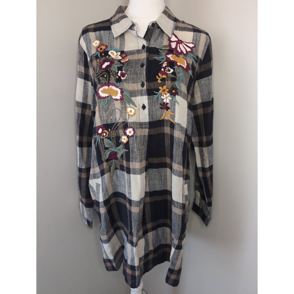 Kyla Seo Anthropologie embroidered floral plaid tunic shirt dress M